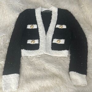 Balmain Black and White Textured Tweed Jacket